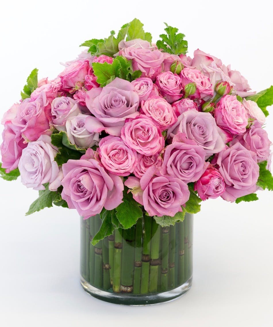 stunning variety of purple and lavender rose combo with large roses & spray roses. Designed with accenting greenery in a compact cylinder as a sleek look.